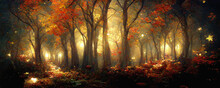 Beautiful Autumn Forest Illustration, Colorful Fall Foliage