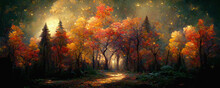 Very Beautiful Fall Forest At Night With An Epic Fall Foliage