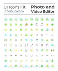 Photo and video editor tools flat color ui icons set. Multimedia files adjustment. Digital program. GUI, UX design for mobile app. Vector isolated RGB pictograms. Montserrat Bold, Light fonts used