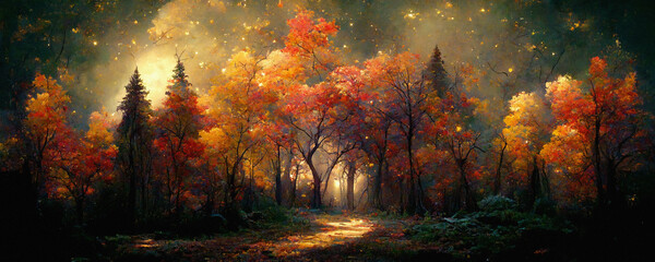 very beautiful fall forest at night with an epic fall foliage