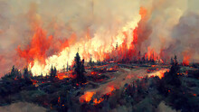 Wildfire, Forest Burning, 4k Digital Painting. Illustration Of Trees That Burn. Landscape On Fire After A Heatwave. Wild Flames Raging Trough The Environment. Background, Wallpaper. Red, Yellow Flames