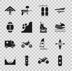 Canvas Print - Set Snowboard, Kayak or canoe, Jet ski, Aqualung, Landslide, Rugby ball, Hang glider and Skates icon. Vector