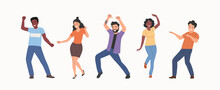 Different Young Women And Men Dancing. People Stand Full Body. Flat Style Cartoon Vector Illustration.