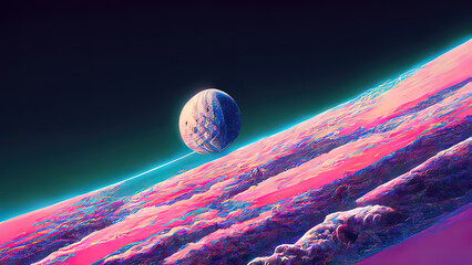 Wall Mural - Vaporwave, synthwave, space illustration. Retro, vintage 4k digital painting of planets and space. Purple pink colors. Stars and neons. Colorful painting.