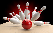 Bowling Ball Hits 10 Pins Down For The Winning Strike. 3D Illustration.