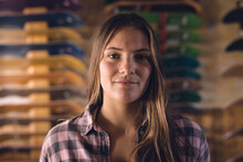 Image Of Serious Caucasian Woman Posing In Skate Shop