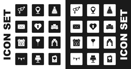 Sticker - Set Wedding cake with heart, Heart keyhole, Envelope Valentine, Gender, Bedroom, Location, arch and Calendar icon. Vector