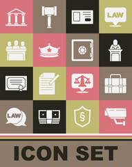 Sticker - Set Security camera, Briefcase, Judge, Identification badge, Police cap with cockade, Jurors, Courthouse building and Safe icon. Vector