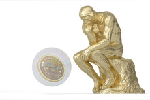 Gold Sculpture Thinker Over Bitcoin. 3D Illustration