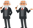 funny cartoon professor or scientist in a elegant black suit, holding a smoking pipe.