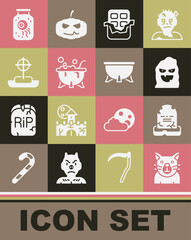 Poster - Set Cat, Tombstone with RIP written, Funny and scary ghost mask, Chocolate bar, Halloween witch cauldron, cross, Eye in jar and icon. Vector