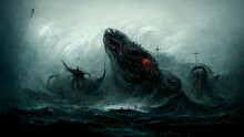 Scary Sea Monster Art Illustration. Digital Painting Illustration.