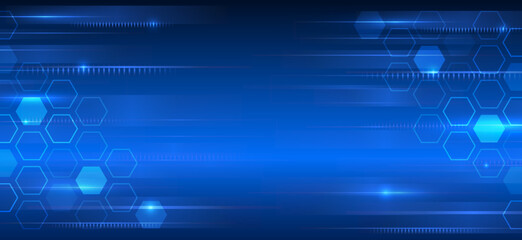 Wall Mural - Abstract hexagons science on the blue background. Hi-tech digital technology and engineering concept. Wide Sci fi template with polygons.