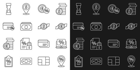 Sticker - Set line Location with percent discount, Percent and laptop, Financial growth euro coin, Money, Stacks paper money cash, Discount card, Old hourglass and dollar icon. Vector