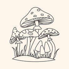 Outline 60s And 70s Vibes Psychedelic Vector Clipart. Retro Groovy Mushrooms In Line Art Style. Cartoon Hippie Mystic Forest Silhouettes. Vintage Boho Illustration. Abstract Trippy Art