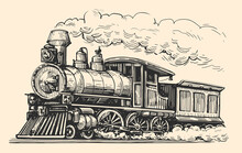 Moving Retro Train With Smoke Sketch. Hand Drawn Transport, Locomotive Vintage Engraving Style. Vector Illustration
