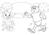 Fototapeta Pokój dzieciecy - Rabbit coloring page tree and landscape with cartoon character