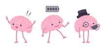 Human Brain Cute Character Set, Battery, Coffee, Exclamation. Healthy Inspired Active Memory, Surprise, Strong Positive Emotion, Bright Physical Or Mental Activity. Vector Flat Style Illustration