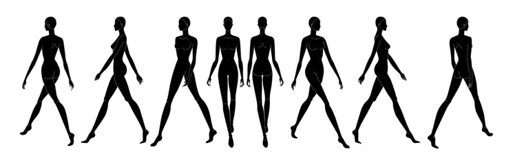 Wall Mural - Set of Silhouette Walking women Fashion template 9 nine head size female for technical drawing. Lady figure front, side, 3-4 and back view. Vector outline girl for fashion sketching and illustration.