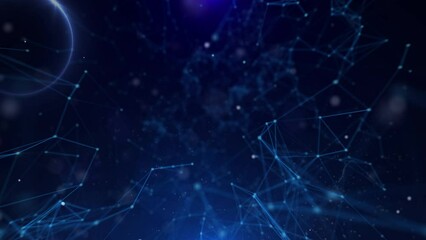 Leinwandbilder - Abstract polygonal, low poly network connection structure zoom in or fly through 1 step 4K motion. Technology blue dots, lines mesh flowing in blue cyber space with glow circle ring background.