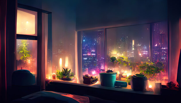 Wall Mural -  - Window view of a city at night. Lofi, anime, manga style. Desk to study. Chill, cozy, comfortable room. Messy  place. Relaxed colorful appartment, tranquil digital painting. 4k wallpaper, background.