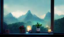 View On The Mountains. Lofi, Anime, Manga Interior. Beautiful Digital Painting. Chill Cozy, Interior On A Mountain Landscape. Atmospheric Lights.