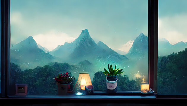 Wall Mural -  - View on the mountains. Lofi, anime, manga interior. Beautiful digital painting. Chill cozy, interior on a mountain landscape. Atmospheric lights.