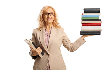 Sticker - Female teacher holding books a pile of books on one hand and smiling