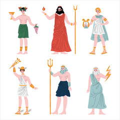 Wall Mural - Hades, Dionysus, Apollo, Hermes, Poseidon, Zeus Olympian Greek Gods. Ancient Greece mythology heroes set vector illustration