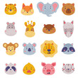 Heads of cute baby animal set. Muzzles of giraffe, llama, koala, raccoon, elephant, cat, panda bear. Nursery decoration, card or invitation design cartoon vector illustration