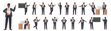 Black African American Black Young Male Teacher Showing Different Poses And Gestures Set Vector Illustration. Cartoon Man In Suit Holding Pointer And Globe Explaining Lecture Front Side And Back View