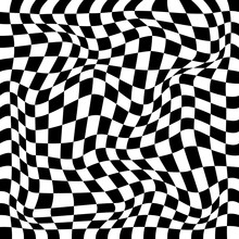 Distorted, Deformed Grids From Checkered Pattern. Abstract Dynamical Warp. Vector Square Deformation Background. Black And White Illustration.