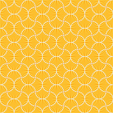 Golden And Yellow Ogee Seamless Repeat Pattern Design. Quatrefoil Style Pattern With Yellow And Orange Stripped Scallop Shaped Motifs. Ogee Pattern.
