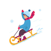 Happy Boy Sledding Down On The Snow. Smiling Child Riding On Sleigh. Winter Outdoor Activity. Isolated On White Background. Flat Design Vector Illustration