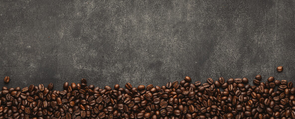 Wall Mural - Seamless coffee beans frame on grey stone background. Line banner