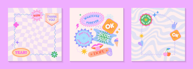 Wall Mural - Vector set of cute fun templates with frames,patches,stickers in 90s style.Modern symbols in y2k aesthetic with text.Trendy groovy designs for banners,social media marketing,branding,packaging,covers