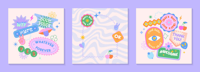Wall Mural - Vector set of cute funny templates with patches and stickers in 90s style.Modern symbols in y2k aesthetic with text.Trendy kidcore designs for banners,social media marketing,branding,packaging,covers
