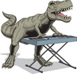 Dinosaur playing piano keyboard isolated on white background. Tyrannosaurus Rex with electronic synthesizer. Vector illustration.