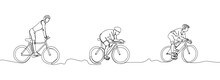 Athletes In A Protective Helmet Rides Bicycle Set One Line Art. Continuous Line Drawing Sports, Training, Sport, Leisure, Race, Bike, Cycle Racing, Tricks, Street Culture, Urban, Extreme, Woman, Man.