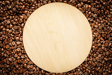 Wall Mural - Coffee seamless background with blank round board copy space