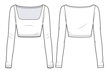 Wall Mural - Long Sleeved Crop Top fashion technical drawing template. Women's cropped Shirt fashion flat Illustration, square neckline, long sleeve, slim fit, front,  back view, white colour, women, CAD mockup.