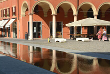 Piazza Roma And The Military Academy In Modena In Emilia-Romagna. It Is Known For Its Balsamic Vinegar, Opera And Ferrari And Lamborghini Sports Cars.