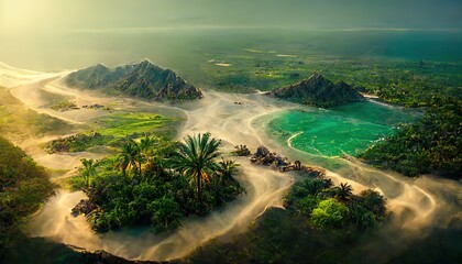 Amazing tropical island scenery. Beautiful island. Aerial view of Beach with beach island with blue ocean. 3d render