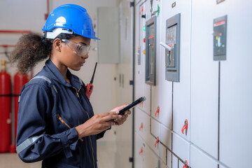 Electrical engineer working in front of the HVAC control panel, Check the electrical system in the control for safety.