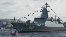 Warship Decorated With Flags At A Military Festival In The City Of St. Petersburg