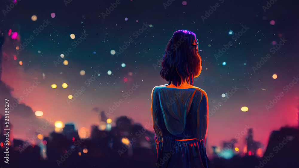 Ilustración de Stock Anime girl looking at a city by night. Cute woman ...