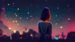 © Fortis Design - Anime girl looking at a city by night. Cute woman looking at the cityscape by night time. A sad, moody. Manga, lofi style. Happy beautiful background. 4K city with buildings.
