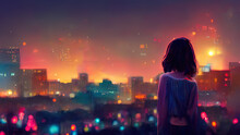 Anime Girl Looking At A City By Night. Cute Woman Looking At The Cityscape By Night Time. A Sad, Moody. Manga, Lofi Style. Happy Beautiful Background. 4K City With Buildings.