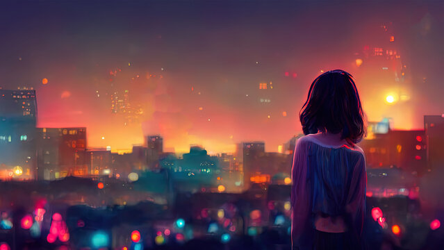 Wall Mural -  - Anime girl looking at a city by night. Cute woman looking at the cityscape by night time. A sad, moody. Manga, lofi style. Happy beautiful background. 4K city with buildings.