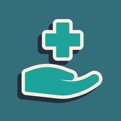 Sticker - Green Cross hospital medical icon isolated on green background. First aid. Diagnostics symbol. Medicine and pharmacy sign. Long shadow style. Vector